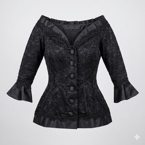 VTG 90s Portrait Collar Lace Evening Jacket Satin Flare Cuff L Gothic Victorian